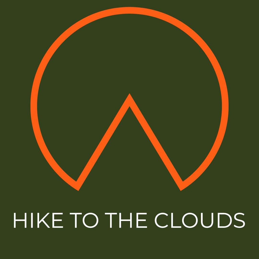 Orange Hike To The Clouds Logo on a khaki green background.